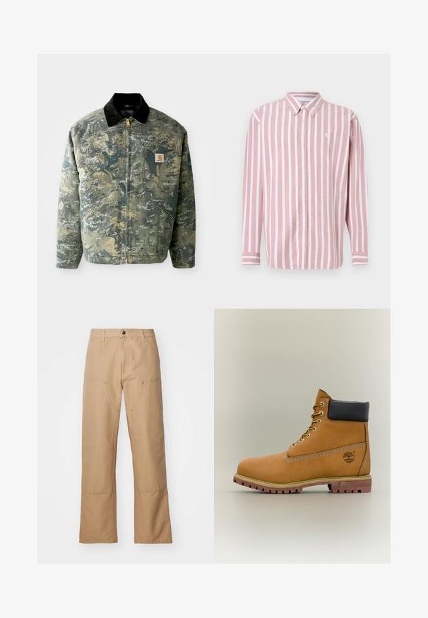 Chaqueta de camuflaje en tonos de verde y marrón, con un cuello de terciopelo negro y un bolsillo frontal con una etiqueta de logo. Cierre de cremallera.; Camisa de botones a rayas en rosa y blanco. Cuenta con cuello, mangas largas y un pequeño logo. Confeccionada con tela tejida.; Pantalones de pierna ancha beige hechos de lona, con bolsillos frontales, detalles en dorado y un diseño de frente plano.; Bota de tobillo de cuero marrón con cuello negro, cordones amarillos y suela beige. Presenta un logotipo y detalles de costura blanca. Suela exterior con tracción robusta.