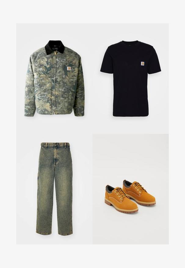 Chaqueta de camuflaje en tonos de verde y marrón, con un cuello de terciopelo negro y un bolsillo frontal con una etiqueta de logo. Cierre de cremallera.; Camiseta de algodón negra con mangas cortas, cuello redondo y un bolsillo en el pecho que presenta un pequeño parche de logo cuadrado. Diseño simple y sólido.; Jeans de denim holgados en un lavado azul y verde descolorido. Presenta un cierre de botón, pasadores para el cinturón y bolsillos laterales. Diseño de frente plano y pierna recta.; Zapatos de ante marrón con punta redonda, cordones amarillos, un collar acolchado negro y suelas de goma con surcos de tracción.