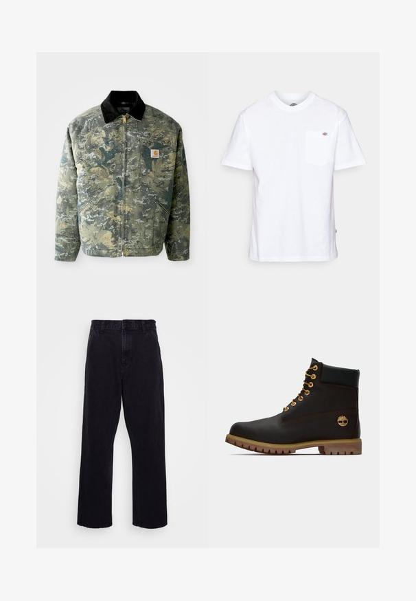Camo-gepatroneerde jas in groen- en bruintinten, met een zwarte corduroy kraag en een voorzak met een logo-label. Ritsluiting.; Witte katoenen t-shirt met een ronde hals, korte mouwen en een borstzak met een klein merklogo aan de linkerkant.; Zwarte denim broek met een rechte pijpdesign, voorzien van een knoop- en ritssluiting, riemlussen en minimale stikdetails.; Zwarte leren enkellaars met gouden oogjes, bruine accenten en een rubberen zool. Heeft een gevoerde kraag en geperst logo aan de zijkant.