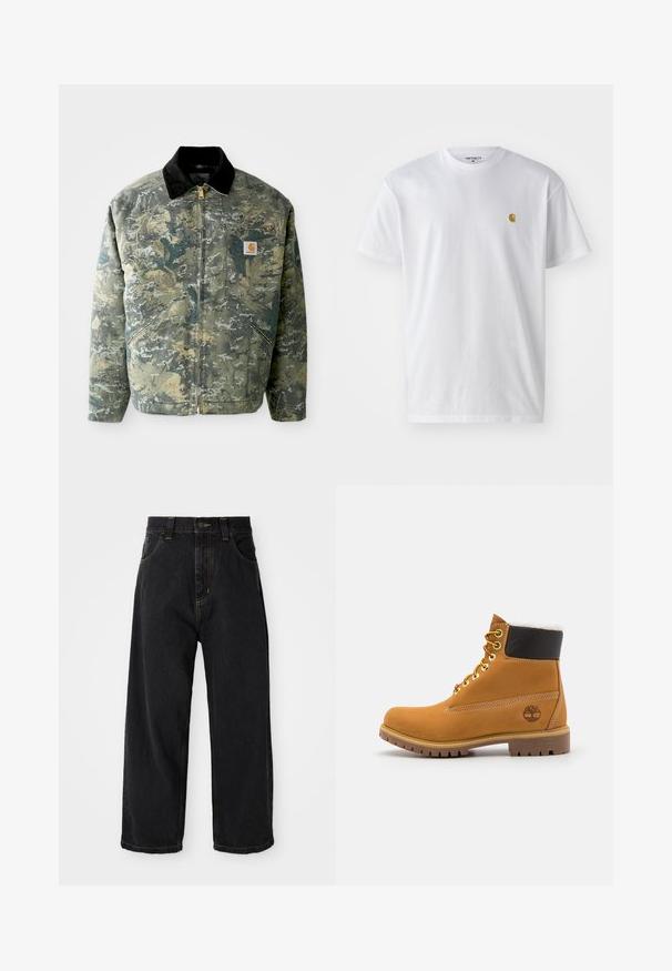 Camo-gepatroneerde jas in groen- en bruintinten, met een zwarte corduroy kraag en een voorzak met een logo-label. Ritsluiting.; Witte katoenen t-shirt met korte mouwen en ronde hals, voorzien van een klein gouden logo op de linkerkant van de borst. Zachte textuur en een normale pasvorm.; Zwarte wijde denim jeans met hoge taille, voorste knoop, rits en gele stiksels op de zakken en naden.; Bruine leren enkellaars met metalen oogjes, witte faux bont voering, zwarte gewatteerde kraag, robuuste zool en een reliëflogo aan de zijkant.
