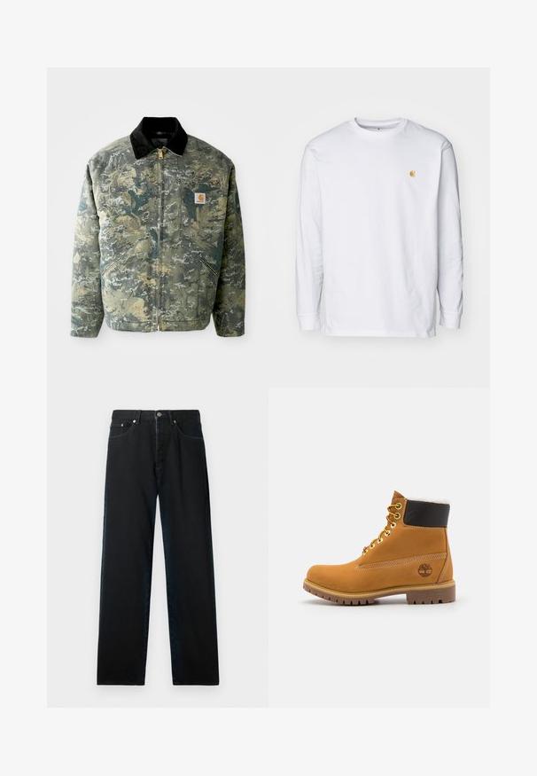 Chaqueta de camuflaje en tonos de verde y marrón, con un cuello de terciopelo negro y un bolsillo frontal con una etiqueta de logo. Cierre de cremallera.; Camiseta de manga larga blanca de algodón. Cuenta con un pequeño logo dorado en el pecho y un cuello redondo. Diseño simple y corte estándar.; Jeans de mezclilla negra con corte recto, diseño de cinco bolsillos y herrajes de metal. La tela tiene una textura suave y un desvanecimiento mínimo.; Botín de cuero marrón con ojales de metal, forro de piel sintética blanca, cuello acolchado negro, suela resistente y logotipo en relieve en el costado.