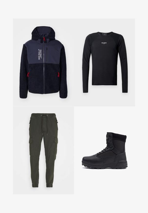 Marine fleecejack met een zachte textuur, rode accenten, volledige ritssluiting en logo-opdruk. Heeft een capuchon en twee ritszakken aan de zijkanten.; Zwart langemouw atletisch shirt gemaakt van zachte, lichte stof. Bevat een ronde hals, raglanmouwen en een subtiel logo op de borst.; Khaki cargo broek van katoen, met een elastische tailleband met trekkoord, zijzakken en elastische manchetten.; Zwarte tactical boot met een gladlederen bovenkant en stofpanelen, hoge enkelontwerp, vetersluiting aan de voorkant en robuuste rubberen zool.