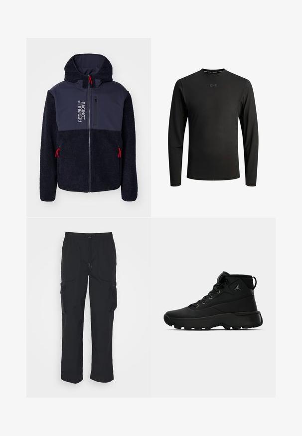 Marine fleecejack met een zachte textuur, rode accenten, volledige ritssluiting en logo-opdruk. Heeft een capuchon en twee ritszakken aan de zijkanten.; Langemouwen shirt in zwart, gemaakt van gladde, rekbare stof. Beschikt over een ronde halslijn en subtiele branding op de borst en kraag.; Zwarte cargobroek van geweven stof. Voorzien van een verstelbare tailleband, zijzakken en twee utilityzakken met ritsen.; Zwarte hoge sport sneakers met een gestructureerde synthetische bovenkant, voorzien van metalen oogjes, zwarte veters en een rubberen zool met patroon voor grip.
