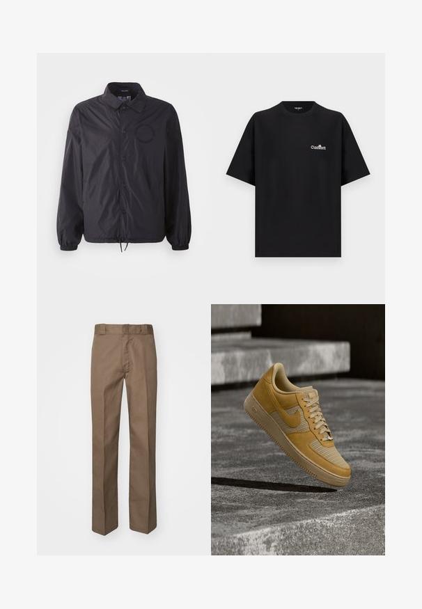 Schwarze, leichte Jacke mit Knopfleiste, elastischen Bündchen, verstellbarem Saum und gesticktem Logo auf der Brust. Glattes, leicht glänzendes Material.; Schwarzes, übergroßes T-Shirt mit kurzen Ärmeln und weißem Carhartt-Logo auf der linken Brust, Rundhalsausschnitt, auf einfarbig hellem Hintergrund präsentiert.; Braune Hose mit flachem Vorderdesign, geraden Beinen und klassischem Bund. Aus strapazierfähigem Stoff gefertigt, ohne sichtbare Muster oder Verzierungen.; Ein Nike Air Force 1 Sneaker in Braun- und Beigetönen, der über einer Betonfläche schwebt, mit Steinstufen im Hintergrund.