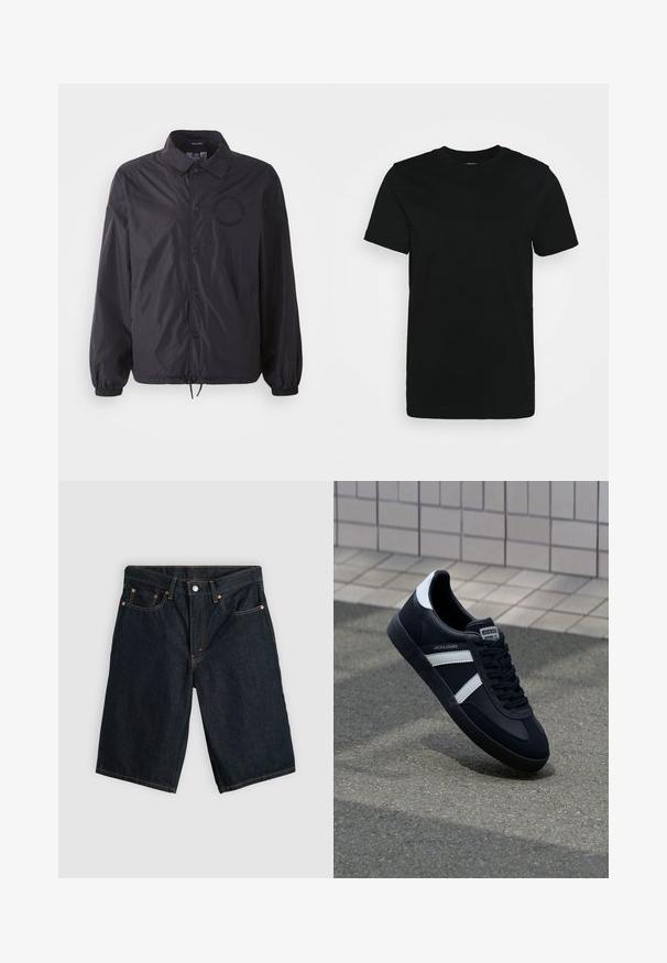 Schwarze, leichte Jacke mit Knopfleiste, elastischen Bündchen, verstellbarem Saum und gesticktem Logo auf der Brust. Glattes, leicht glänzendes Material.; Schwarzes kurzärmliges T-Shirt aus glattem Baumwollstoff, mit Rundhalsausschnitt und einem schlichten Design ohne Muster oder Akzente.; Dunkelblaue Denim-Shorts in Knielänge mit Vorderknopf, Reißverschluss und fünf Taschen, flach auf einem hellgrauen Hintergrund ausgelegt.; Schwarze Leder-Sneaker mit weißen Streifen, strukturiertem Gummisohle und Schnürung. Verfügt über ein Markenetikett auf der Zunge.