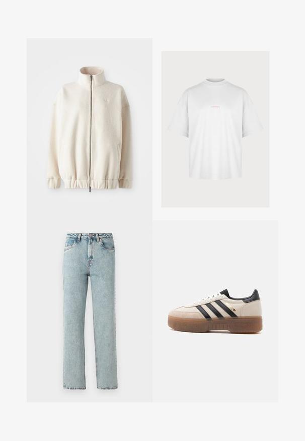 Fleece-Reißverschlussjacke in Creme mit einem hohen Kragen, gerippten Bündchen, elastischem Saum und Seitentaschen. Dezentes Logo auf der Brust.; Pegador GABI HEAVY OVERSIZED TEE - T-Shirt print - white; Hellblaue Jeans aus Denim mit hoher Taille, geradem Schnitt und Auswaschungen. Verfügt über fünf Taschen und einen Knopfverschluss an der Taille.; Weißer und beiger Sneaker mit schwarzen Streifen, schwarzer Fersenschlaufe, "Spezial"-Label in Gold und klobiger, durchscheinend brauner Sohle.