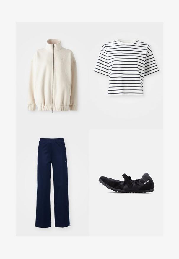 Fleece-Reißverschlussjacke in Creme mit einem hohen Kragen, gerippten Bündchen, elastischem Saum und Seitentaschen. Dezentes Logo auf der Brust.; Kurzärmliges, cropped T-Shirt aus weißem Stoff mit navyblauen Horizontalstreifen. Hat einen runden Halsausschnitt und eine lockere Passform.; Helleblaue Baumwollmischung Trainingshosen mit weit geschnittenem Design, elastischem Bund und Reißverschlusstaschen, mit weißen Seitenstreifen und Logodetails.; Schwarzer leichter Freizeitschuh mit einem Riemen, strukturiertem Schuhsohle und elastischem Detail rund um die Ferse und Seiten.