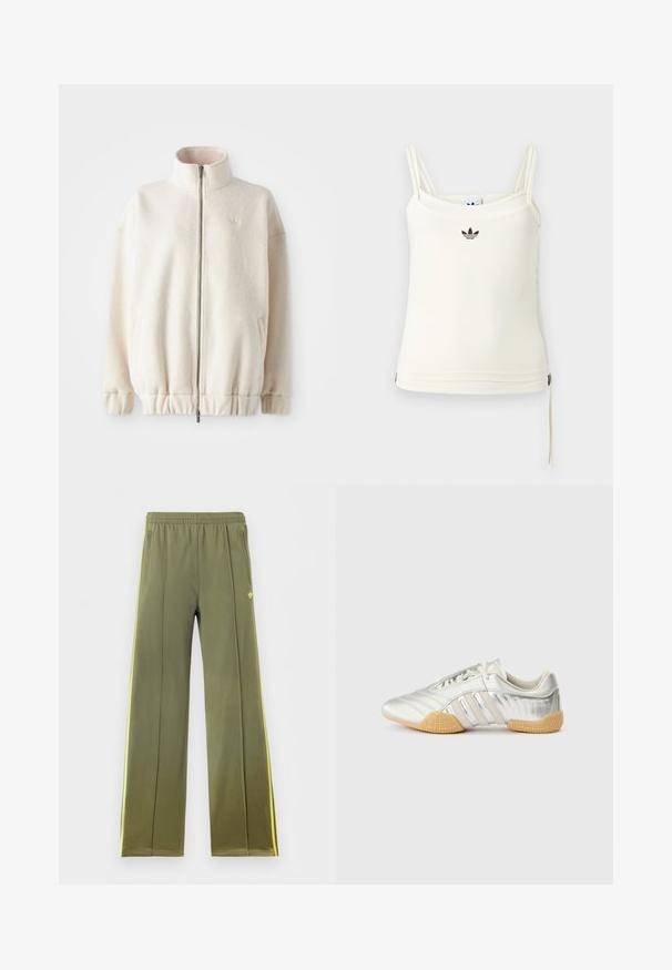 Fleece-Reißverschlussjacke in Creme mit einem hohen Kragen, gerippten Bündchen, elastischem Saum und Seitentaschen. Dezentes Logo auf der Brust.; Cremefarbenes Tanktop mit dünnen Trägern; Adidas-Logo in Schwarz auf der Brust. Glatter Stoff mit Kordelzug-Detail am Saum. Einfaches Design.; Olivgrüne Trainingshose mit elastischem Bund, seitlichen Taschen, gelben Seitenstreifen und kleinem Trefoil-Logo auf der Vorderseite.; Silberner Sportschuh mit glattem Lederobermaterial, Gummisohle und strukturierten Akzenten. Verfügt über ein geschwungenes Design und tonale Schnürsenkel.