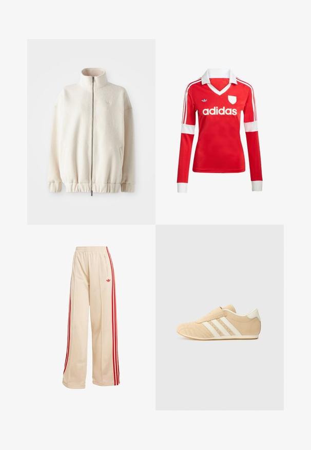 Fleece-Reißverschlussjacke in Creme mit einem hohen Kragen, gerippten Bündchen, elastischem Saum und Seitentaschen. Dezentes Logo auf der Brust.; Rotes Fußballtrikot mit langen Ärmeln, weißem Kragen und weißen Ärmelbündchen. Es hat drei weiße Streifen auf den Schultern und das "adidas"-Logo ist auffällig platziert.; Beige weit geschnittene Jogginghose mit elastischem Bund, roten Seitenstreifen, Reißverschlusstasche und rotem Adidas-Trefoil-Logo am rechten Oberschenkel.; Tan- und cremefarbene Sportschuhe mit einem glatten Lederoberteil, drei weißen Streifen an der Seite und einer abgerundeten Zehenpartie. Strukturiertes Obermaterial mit Perforationen.