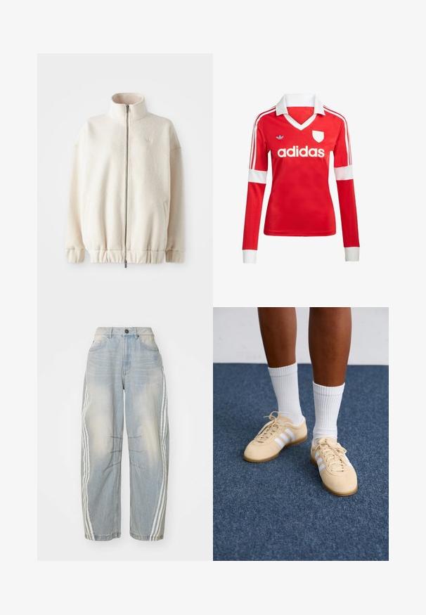 Fleece mikina na zips v krémovej farbe, s vysokým golierom, rebrovanými manžetami, elastickým spodným okrajom a bočnými vreckami. Diskrétny logo na hrudi.; Červený futbalový dres s dlhým rukávom a bielym golierom a manžetami. Na ramenách sú tri biele pruhy a výrazne zobrazené logo "adidas".; Svetlo modré džíny s voľným strihom, s bielymi pruhmi po stranách, so zničenými detailmi a so zapínaním na gombík v páse.; Osoba v béžových teniskách Adidas s bielymi pruhmi a bielych členkových ponožkách, stojí na modrej kobercovej podlahe.