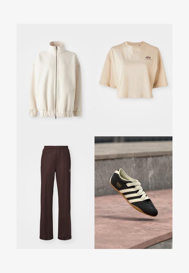 Fleece-Reißverschlussjacke in Creme mit einem hohen Kragen, gerippten Bündchen, elastischem Saum und Seitentaschen. Dezentes Logo auf der Brust.; Beige, verkürztes T-Shirt aus Baumwolle mit kurzen Ärmeln, rundem Halsausschnitt und einem bordeauxroten Logo-Graphic auf der linken Brust.; Braune Sporthose mit einem elastischen Bund, zwei Seitentaschen und einem kleinen Logo auf der linken Seite, gefertigt aus weichem Stoff.; Schwarzer Sportschuh mit cremefarbenen Streifen und Schnürsenkeln, mit niedrigem Profil, glatter Textur und einer Gummisohle für guten Halt. Markenlabel sichtbar.