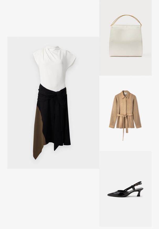 Veste en daim beige avec col, manches longues et taille ceinturée. Présente des coutures en panneaux verticaux et une fermeture à boutons.; Robe à manches courtes avec un haut blanc et une jupe fluide à plusieurs panneaux en noir et marron foncé, dotée d'une taille nouée pour des ajustements de taille.; Chaussure slingback en cuir verni noir à petit talon, bout pointu et bride réglable avec boucle dorée sur fond blanc.; Sac à main structuré en finition satinée, de couleur crème, avec une bandoulière chaîne. Présente une texture plate et lisse ainsi que des coutures nettes.