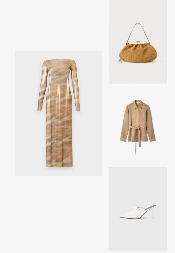 Veste en daim beige avec col, manches longues et taille ceinturée. Présente des coutures en panneaux verticaux et une fermeture à boutons.; Robe beige à manches longues et longueur totale avec un motif réfléchissant semblable à de l'eau et une silhouette ajustée sur fond gris clair uni.; Mules blanches à bout pointu, texture plissée sur le dessus, et talon stiletto fin. Surface lisse et design minimaliste.; Sac à main tressé marron avec un corps arrondi, une fermeture à bouton boule en bois, et une bandoulière fine en cuir.