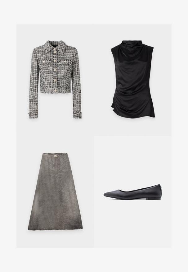 Sort og hvid tweedjakke med en cropped design, der har krave, fem knapper og to brystlommer med dekorative detaljer.; Sort ærmeløs top i glat stof, der har en draperet cowl-neck, asymmetrisk kant og subtile samlingsdetaljer på siden.; Mørkegrå, kunstlæder A-formet midi-nederdel med tekstureret finish og en lille oval metalplade med logo nær taljebåndet.; Sort flad lædersko med spidst tåparti og lav hæl, vist i sideprofil mod en hvid baggrund.