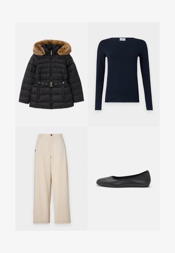 Veste doudoune noire avec une capuche en fausse fourrure, fermeture éclair et une ceinture décorative avec des éléments en métal. Motif matelassé.; T-shirt à manches longues navy en coton doux. Offre un col rond, une coupe slim et un ourlet régulier sans motifs ni accents visibles.; Pantalons à jambes larges beige en tissu doux, dotés d'une fermeture à bouton sur le devant, de poches latérales et d'une coupe décontractée.; Ballerines en cuir noir avec un bout rond, texture lisse, détails de couture minimalistes et design de semelle flexible.