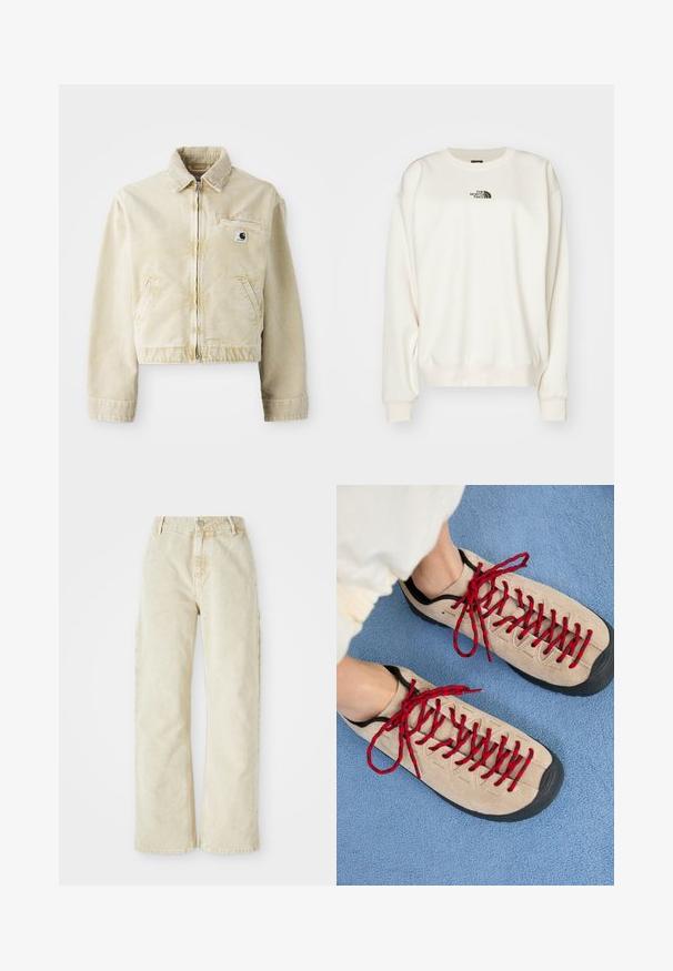 Chaqueta corta beige hecha de tela suave, con cremallera delantera, cuello, dos bolsillos laterales y un pequeño parche con logo en el pecho.; The North Face ESSENTIAL OVERSIZE CREW - Sudadera - white dune; Pantalones de mezclilla anchos de color beige con cintura alta, que cuentan con un cierre frontal de botón y cremallera, lazos para cinturón y bolsillos laterales. Textura suave.; Zapatos beiges con cordones rojos, colocados sobre una superficie texturizada azul, que revelan parcialmente el tobillo de una persona. Los zapatos tienen un diseño deportivo.