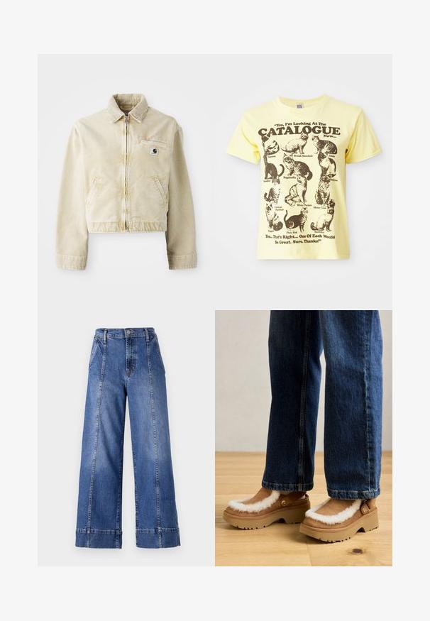 Beige cropped jakke lavet af blødt stof, med en frontlynlås, krave, to sidelommer og et lille logo-patch på brystet.; Gul bomulds T-shirt med illustrationer af sorte katte og teksten: "Ja, jeg kigger på KATALOGEN nu...". Rund hals, korte ærmer.; Bredbenede blå denimbukser med høj talje, der har en knaplukning, forlommer og synlig stikning langs sidesømmene.; Brune ruskindsklogs med hvidt falsk pelsdetalje og tan gummisåler, med sidebuckle hardware og en kraftig sål, båret med blå jeans.