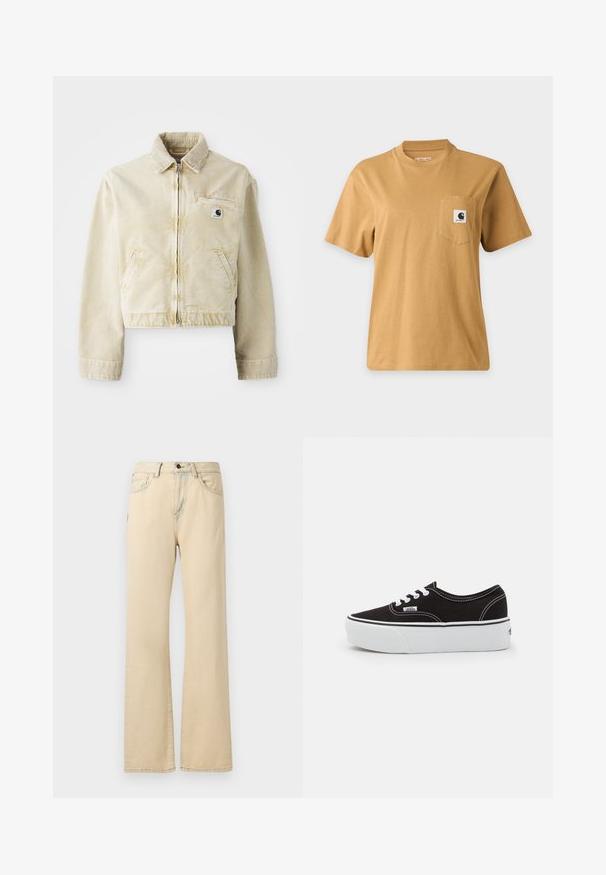 Chaqueta corta beige hecha de tela suave, con cremallera delantera, cuello, dos bolsillos laterales y un pequeño parche con logo en el pecho.; Camiseta lisa marrón de manga corta con un bolsillo en el pecho que presenta un parche cuadrado con el logo de la marca, mostrada sobre un fondo claro liso.; Vaqueros anchos color beige hechos de tela de mezclilla, con una cintura alta, bolsillos frontales, cierre de botón y costuras en contraste.; Zapatilla de lona negra con suela de plataforma de goma blanca, que presenta cordones y costuras blancas, con branding icónico en el lateral, diseño de corte bajo.