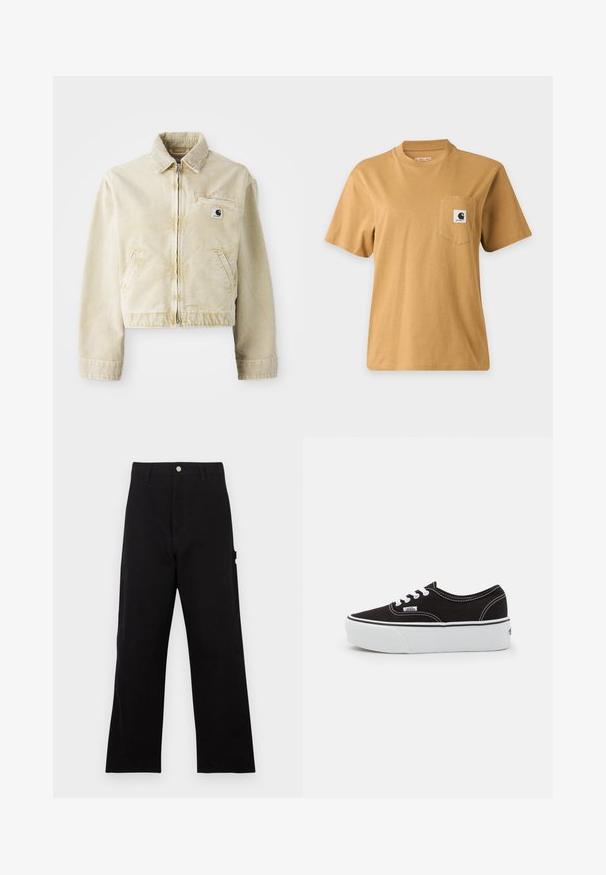 Beige lühike jakk, mis on valmistatud pehmest kangast, millel on ees tõmblukk, krae, kaks küljetaskut ja väike logo silti rinnal.; Tavaline pruun lühikeste varrukatega t-särk rinnataskuga, millel on ruudukujuline brändi logomärk, esitletud lihtsal heledal taustal.; Mustad puuvillased püksid sirge säärega, ees nööpidega kinnituse, vööaugudega ja küljetaskuga. Sile tekstuur.; Must musta tennis jalanõud valge kummi platvormi tallaga, valgete paelte ja õmblustega, ikoonilise kaubamärgiga küljes, madala lõikega disain.
