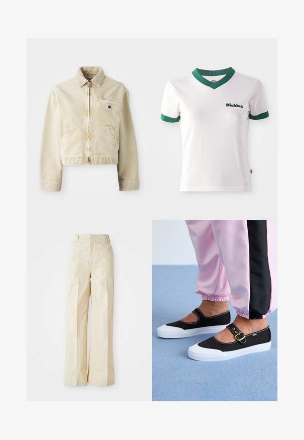 Beige cropped jack gemaakt van zachte stof, met een rits aan de voorkant, een kraag, twee zijzakken en een klein logo label op de borst.; Witte T-shirt met korte mouwen en groene V-hals en mouwafwerking; voorzien van het "Dickies" logo in donkergroen op de linkerkant van de borst. Gladde katoenen textuur.; Beige wijde broek met een hoge taille, gemaakt van een gladde stof en voorzien van keurig gestreken voorplooien, tegen een effen witte achtergrond.; Zwarte canvas schoenen met een witte zool, met een uitgesneden ontwerp en een gouden gespband. Draagt met roze joggingsbroek.