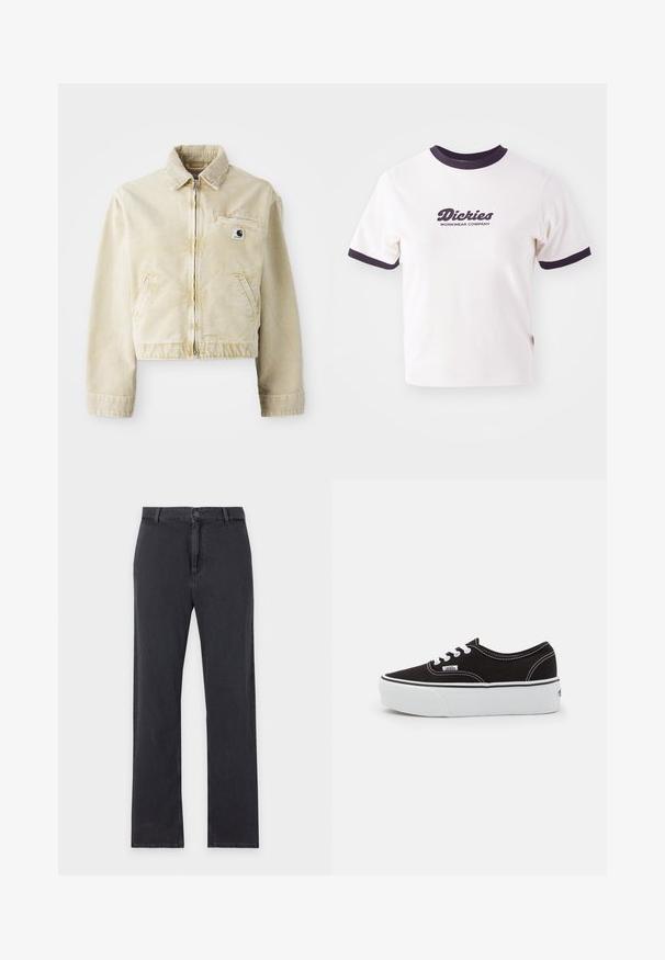 Chaqueta corta beige hecha de tela suave, con cremallera delantera, cuello, dos bolsillos laterales y un pequeño parche con logo en el pecho.; Camiseta blanca con cuello y mangas de canalé en azul marino oscuro. Presenta un gran logo de texto gráfico en azul marino oscuro que dice "Dickies WORKWEAR COMPANY."; Vaqueros negros de pierna recta con cierre frontal de botón y cremallera, trabillas para cinturón y diseño clásico de cinco bolsillos, extendidos planos sobre fondo blanco.; Zapatilla de lona negra con suela de plataforma de goma blanca, que presenta cordones y costuras blancas, con branding icónico en el lateral, diseño de corte bajo.