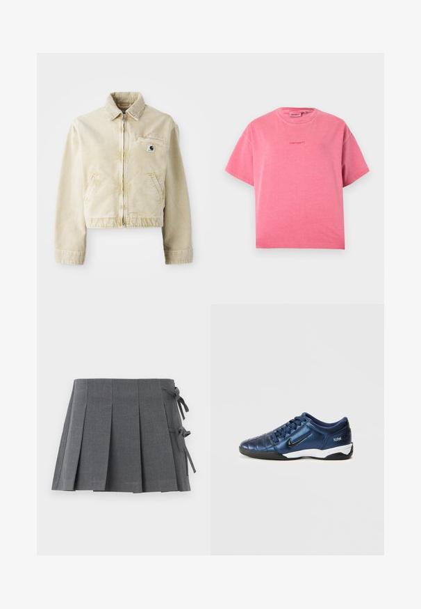 Beige cropped jakke lavet af blødt stof, med en frontlynlås, krave, to sidelommer og et lille logo-patch på brystet.; Lyserød T-shirt med korte ærmer og rund hals, med en lille Carhartt-logo broderet i midten foran på en ensfarvet baggrund.; Grå plisseret mininederdel i et struktureret stof med bindelukning på den ene side og en glat linning for øget komfort.; Blå syntetisk sportsko med quiltet design, sort logo og hvid sål. Har snørelukning og lav profil.
