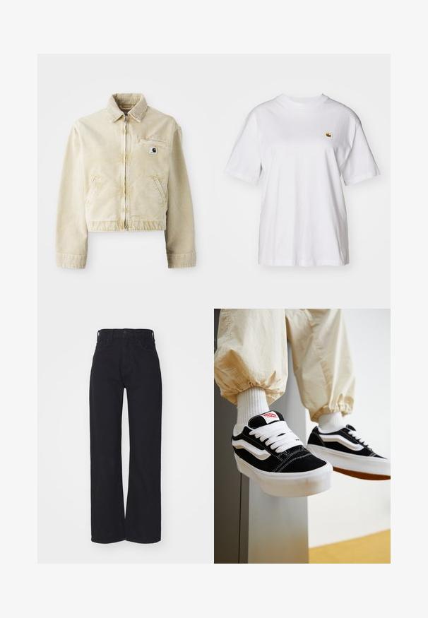 Chaqueta corta beige hecha de tela suave, con cremallera delantera, cuello, dos bolsillos laterales y un pequeño parche con logo en el pecho.; Camisa de algodón blanca con corte relajado, mangas cortas y un pequeño logotipo bordado en el área del pecho izquierdo.; Vaqueros amplios de talle alto en negro, con cierre frontal de botón y cremallera, trabillas para cinturón y dos bolsillos frontales, sobre un fondo blanco.; Persona que lleva zapatillas Vans negras y blancas con cordones blancos, calcetines blancos y pantalones beige con puños elásticos.