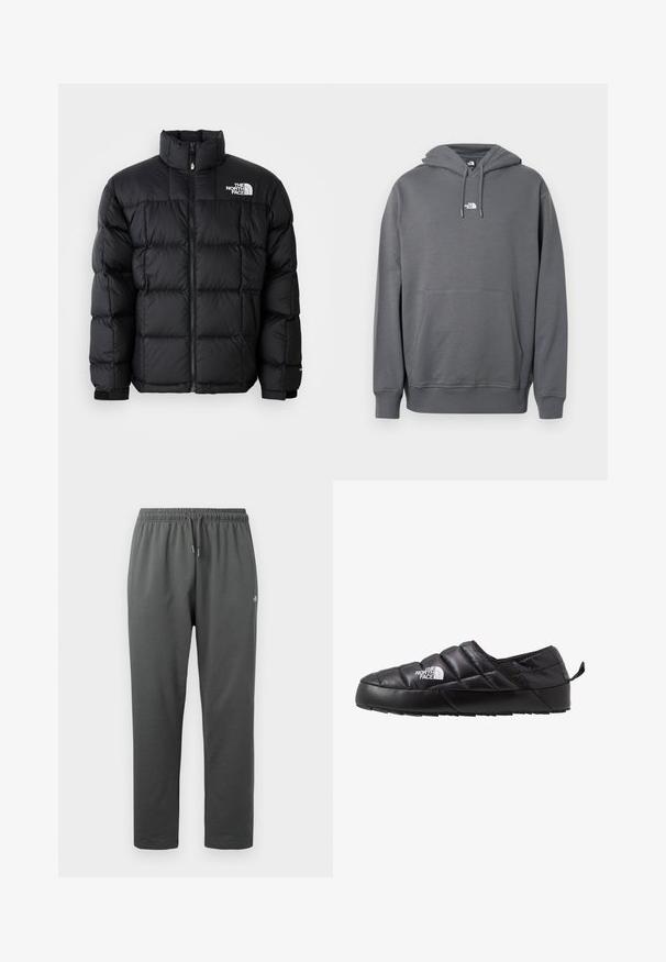 Chaqueta de plumas negra con un cuello alto, costuras horizontales y cierre de cremallera. Presenta un logotipo en la parte superior izquierda y puños de velcro.; Sudadera con capucha gris hecha de tela suave, con bolsillo canguro, capucha con cordón, puños acanalados y un pequeño logo en el pecho.; Pantalones deportivos de forro polar de color gris oscuro con cintura elástica y cordón, con un pequeño logo en el muslo derecho.; Zapato negro de tipo slip-on con un diseño acolchado, hecho de material acolchado. Presenta una suela de goma texturizada y una pequeña lengüeta en la parte trasera.