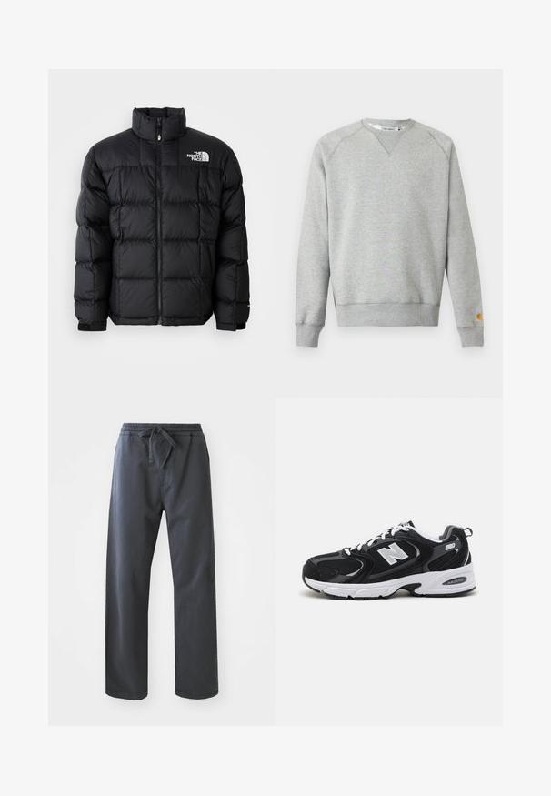 Schwarze Pufferjacke mit hohem Kragen, horizontalen Nähten und Reißverschluss. Verfügt über ein Logo auf der oberen linken Seite und Klettverschlüsse an den Ärmeln.; Hellgraues Sweatshirt mit Rundhalsausschnitt, langen Ärmeln, gerippten Bündchen und Saum sowie kleinem Logo-Patch am linken Ärmelbündchen.; Schwarze, elastische Hose mit einem Gummizug und Kordelzug, mit geradem Bein und glatter Textur. Keine sichtbaren Taschen oder Muster.; Schwarze und graue Sportschuhe mit Obermaterial aus Mesh und Wildleder, ausgestattet mit einer weißen Zwischensohle, Schnürsenkeln und einem markanten "N"-Logo an der Seite.