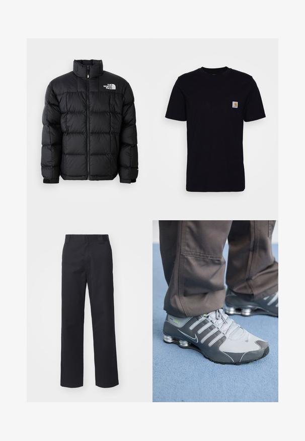 Schwarze Pufferjacke mit hohem Kragen, horizontalen Nähten und Reißverschluss. Verfügt über ein Logo auf der oberen linken Seite und Klettverschlüsse an den Ärmeln.; Schwarzes Baumwoll-T-Shirt mit kurzen Ärmeln, rundem Hals und einer Brusttasche, die mit einem kleinen, quadratischen Logo-Patch versehen ist. Einfaches, einfarbiges Design.; Schwarze gerade geschnittene Hose aus einem Baumwollmischgewebe. Verfügt über einen flachen Bund mit Gürtelschlaufen und keinerlei sichtbare Hardware oder Verzierungen.; Graue und silberne Nike Shox Sneakers zeichnen sich durch ein schlankes Design aus, mit Netz- und Synthetikmaterialien, einer abgerundeten Zehenpartie und einem gepolsterten Schuhkragen.