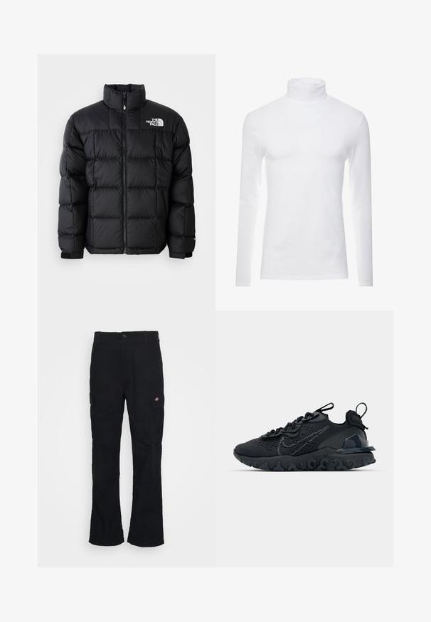 Sort dunjakke med høj krave, vandret syninger og lynlås-lukning. Har logo på den øverste venstre side og velcro-manchetter.; Hvid langærmet turtleneck skjorte lavet af blødt, strækbart materiale. Har en høj krave og et tætsiddende design, som giver en strømlinet silhuet.; Sorte cargo bukser med lige ben-design, fremstillet af slidstærkt stof, med sidelommer og et patch-logo på venstre side.; Sort atletisk sko med en åndbar mesh-overdel, teksturerede detaljer og en bølget gummisål. Har reflekterende logo og snørresystem.