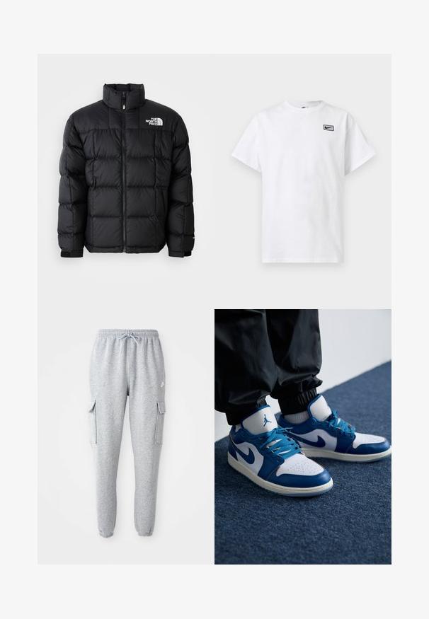 Schwarze Pufferjacke mit hohem Kragen, horizontalen Nähten und Reißverschluss. Verfügt über ein Logo auf der oberen linken Seite und Klettverschlüsse an den Ärmeln.; Weißes T-Shirt mit kurzen Ärmeln und Rundhalsausschnitt, mit kleinem schwarzem Nike Swoosh-Logo in einem Rechteck auf der linken Brust.; Graue Sweatpants aus weichem Material, mit elastischem Bund und Kordelzug, zwei seitlichen Cargo-Taschen und schmal zulaufenden Bündchen.; Die Nike Air Jordan Sneakers verfügen über eine weiße Lederbasis mit blauen synthetischen Akzenten, einer perforierten Zehenbox und blauen Schnürsenkeln.