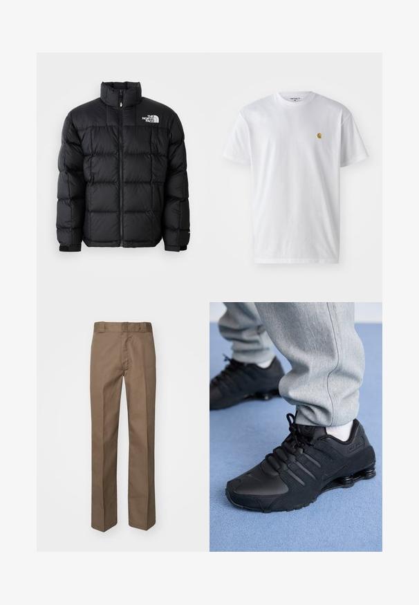 Sort dunjakke med høj krave, vandret syninger og lynlås-lukning. Har logo på den øverste venstre side og velcro-manchetter.; Hvid bomulds t-shirt med korte ærmer, rund hals og et lille guld logo på venstre brystområde. Blød tekstur og almindelig pasform.; Brune bukser med flad front design, lige ben og klassisk talje. Fremstillet af holdbart stof, uden synlige mønstre eller udsmykninger.; Person iført sorte Nike Shox sneakers og grå joggingbukser, der står på lyseblåt tæppe.