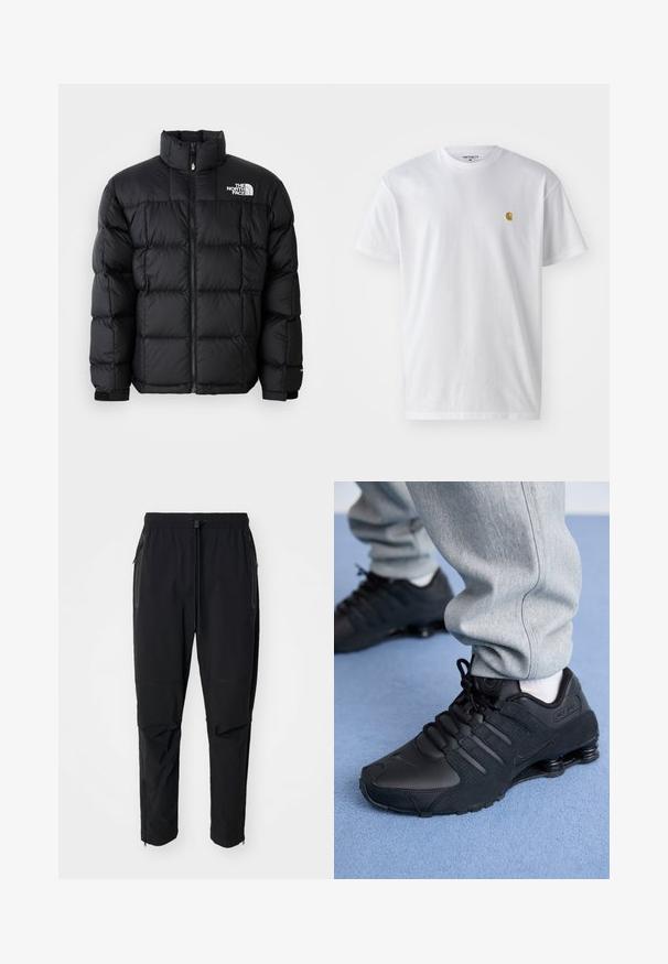 Schwarze Pufferjacke mit hohem Kragen, horizontalen Nähten und Reißverschluss. Verfügt über ein Logo auf der oberen linken Seite und Klettverschlüsse an den Ärmeln.; Weißes Baumwoll-T-Shirt mit kurzen Ärmeln, Rundhalsausschnitt, mit einem kleinen goldenen Logo im linken Brustbereich. Weicher Stoff und normale Passform.; Schwarze, leichte outdoor Hosen mit elastischem Bund und verstellbarem Zugschnur. Ausgestattet mit Reißverschlusstaschen und tapered Bündchen.; Person in schwarzen Nike Shox Sneakers und grauen Jogginghosen, der auf einem hellblauen Teppich steht.