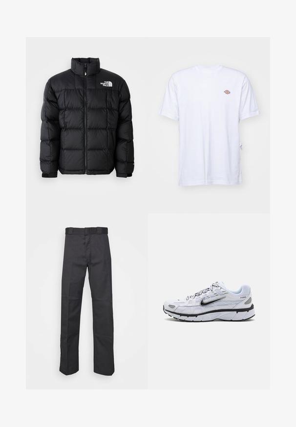 Sort dunjakke med høj krave, vandret syninger og lynlås-lukning. Har logo på den øverste venstre side og velcro-manchetter.; Hvid bomulds t-shirt med v-hals og korte ærmer. Har et lille farverigt broderet logo på venstre bryst. Blød tekstur.; Sorte bukser lavet af holdbart stof, med et lige ben-design, en talje med bæltesløjfer og sømme for ekstra struktur.; Hvide løbesko med mesh-overdel, rund tå, sorte accenter og mønstret sål. Har snøring og branding på siden.