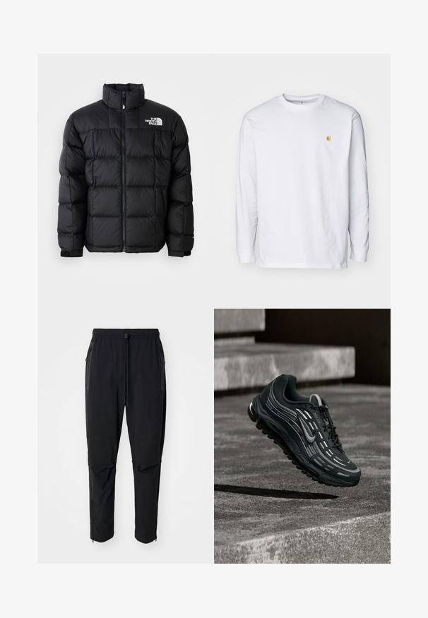 Sort dunjakke med høj krave, vandret syninger og lynlås-lukning. Har logo på den øverste venstre side og velcro-manchetter.; Hvid langærmet t-shirt lavet af bomuld. Har et lille gyldent logo på brystet og en rund halsudskæring. Enkel design og standard pasform.; Sort, lette udendørsbukser med elastisk talje og justerbar snoretræk. Har lynlåslommer og tapered manchetter.; Sort og grå Nike Air Max sneaker, der flyder over grå betontrin med tekstureret jordbaggrund.