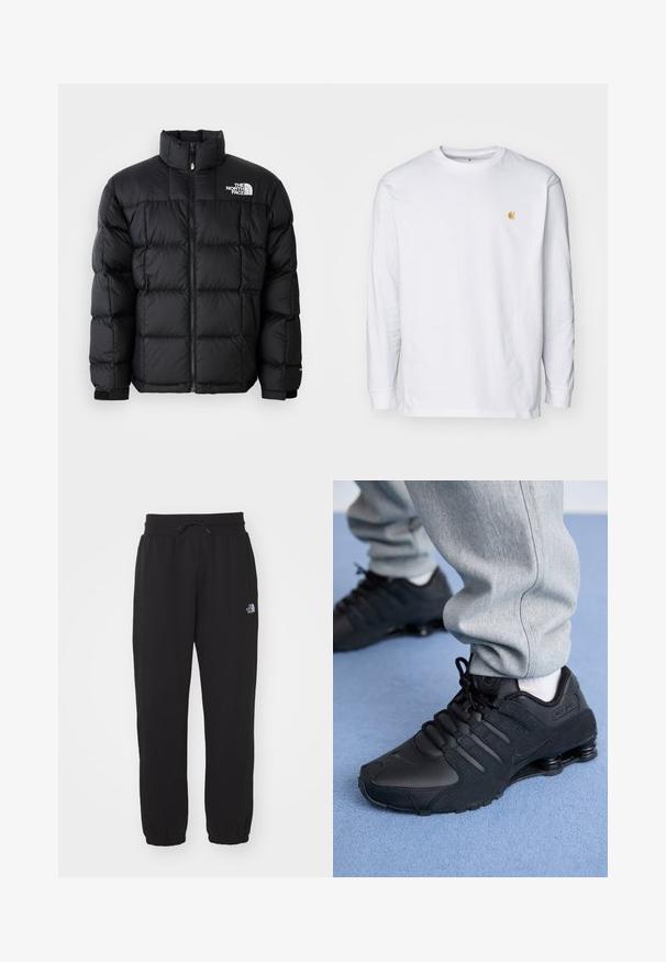 Sort dunjakke med høj krave, vandret syninger og lynlås-lukning. Har logo på den øverste venstre side og velcro-manchetter.; Hvid langærmet t-shirt lavet af bomuld. Har et lille gyldent logo på brystet og en rund halsudskæring. Enkel design og standard pasform.; Sorte sweatpants lavet af blødt stof, med en elastisk talje med snor, manchetter ved anklerne og et lille logo på det øverste lår.; Person iført sorte Nike Shox sneakers og grå joggingbukser, der står på lyseblåt tæppe.
