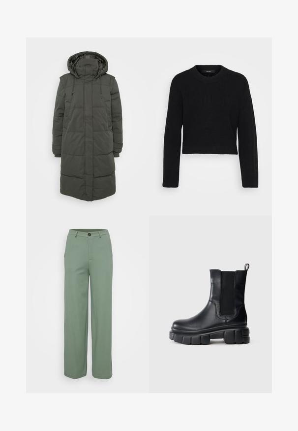 Lang, hættepufferjakke i mørkegrøn. Har quiltede sektioner, justerbare snore og sidelommer. Fremstillet af vandafvisende materiale.; Sort cropped sweater lavet af strikket stof. Har en rund halsudskæring, lange ærmer og en tekstureret overflade med en tætsiddende pasform ved kanten.; Bredde bukser i et lys grønt stof med en glat tekstur. Har en frontlukning med knap og to sidelommer.; Sort læder Chelsea-støvle med kraftig lug-sål, elastiske sidepaneler og en træksløjfe bagpå mod en simpel hvid baggrund.