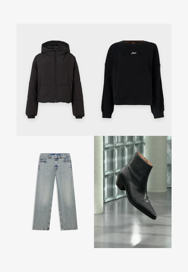 Veste matelassée noire courte avec capuche, présentant une fermeture éclair avant complète, des poignets élastiques et un logo discret sur la poitrine.; Sweatshirt noir à manches longues avec poignets et ourlet côtelés, arborant un petit logo blanc « Boss » centré sur la poitrine.; Jean large bleu clair en denim, avec des zones délavées, cinq poches et une ceinture bleue à logo.; Bottine en cuir noir avec un bout pointu et un talon carré lévitant au-dessus d'un sol gris réfléchissant près d'un mur en blocs de verre.