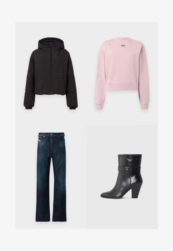 Zwarte cropped pufferjack met een capuchon, voorzien van een volledige ritssluiting aan de voorkant, elastische manchetten en een discreet logo op de borst.; Lichtroze cropped sweatshirt van zacht materiaal met geribbelde halslijn en manchetten. Heeft een blauw logo-label vlak bij de hals. Eenvoudig ontwerp.; Donkerblauwe spijkerbroek met een rechte pijp, voorzien van een knoopsluiting aan de voorkant en zijzakken. Zachte textuur met een licht vervaagde afwerking.; Tommy Hilfiger Enkellaarsjes met hoge hak - black