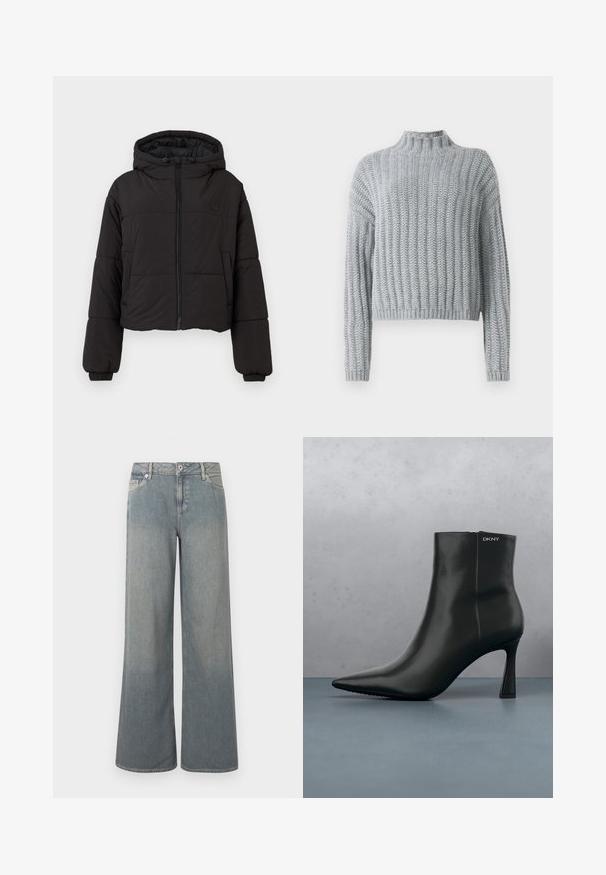 Chaqueta de plumas corta negra con capucha, que cuenta con un cierre frontal completo, puños elásticos y un logotipo discreto en el pecho.; Suéter grueso de punto en gris claro con patrón de canalé, cuello tipo alto, mangas largas y un corte ligeramente corto.; Vaqueros de lavado claro y pierna ancha hechos de mezclilla, con un diseño clásico de cinco bolsillos, cierre de cremallera y botón, y detalles de dobladillo desflecado.; Botín de cuero negro con punta afilada y un tacón geométrico. Presenta un sutil branding y una textura suave. El fondo tiene baldosas con textura.