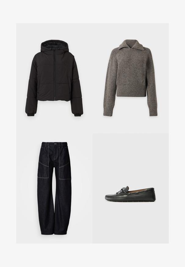 Zwarte cropped pufferjack met een capuchon, voorzien van een volledige ritssluiting aan de voorkant, elastische manchetten en een discreet logo op de borst.; Grijze geribde gebreide trui met lange mouwen en een halve ritskraag, getoond op een effen lichte achtergrond.; Donkere denim wijde broek met meerdere voorzakken, contrasterende stiksels en een knoopsluiting in de taille. Glad oppervlak en casual ontwerp.; Zwarte leren bootshoe met een ronde neus, gestikte details, een kleine strikaccent en een rubberen zool. Soepele textuur en gestroomlijnd ontwerp.