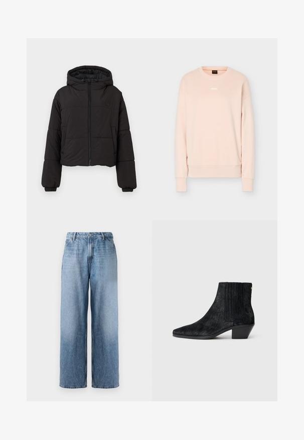 Zwarte cropped pufferjack met een capuchon, voorzien van een volledige ritssluiting aan de voorkant, elastische manchetten en een discreet logo op de borst.; Lichtroze sweater met lange mouwen en ronde hals, met geribbelde manchetten en zoom, voorzien van een klein wit BOSS-logo in het midden van de borst.; Lichtblauwe denim jeans met wijde pijpen en hoge taille, met een sluiting aan de voorkant en zijzakken, weergegeven tegen een witte achtergrond.; Zwarte enkelboot met een spitse neus, textuur die lijkt op haar, ribbelpaneel aan de zijkant en een lage blokhak. Eenvoudig en modern ontwerp.