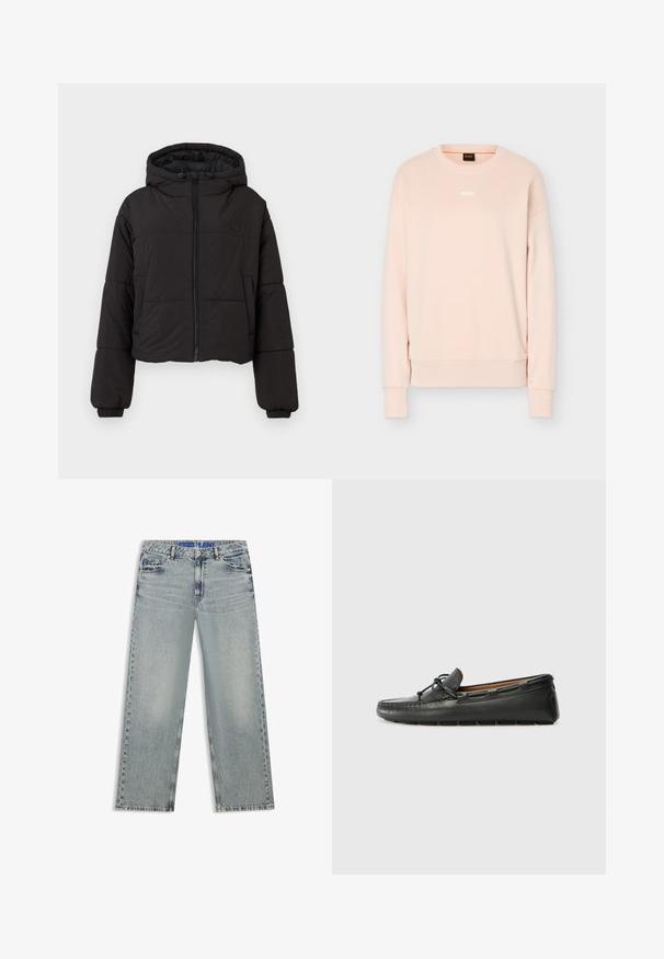 Veste matelassée noire courte avec capuche, présentant une fermeture éclair avant complète, des poignets élastiques et un logo discret sur la poitrine.; Sweat-shirt à manches longues rose clair avec col rond, poignets et ourlet en côte, arborant un petit logo BOSS blanc centré sur la poitrine.; Jean large bleu clair en denim, avec des zones délavées, cinq poches et une ceinture bleue à logo.; Bateau en cuir noir avec un bout arrondi, des détails de couture, un petit accent en nœud et une semelle en caoutchouc. Texture lisse et design épuré.