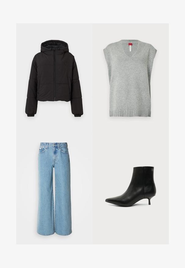 Veste matelassée noire courte avec capuche, présentant une fermeture éclair avant complète, des poignets élastiques et un logo discret sur la poitrine.; Gilet sans manches en tricot gris clair avec col en V et ourlet et encolure côtelés, présenté sur fond blanc.; Jean large bleu clair en denim, avec une taille haute, un design à cinq poches et un léger dégradé sur le tissu.; Bottine en cuir noir avec bout pointu et petit talon kitten sur fond clair, vue côté extérieur.