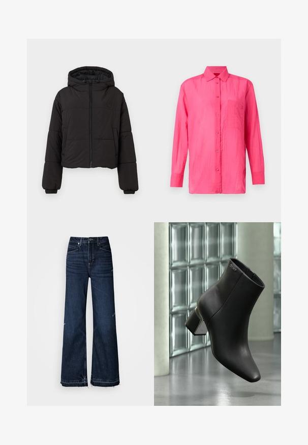 Zwarte cropped pufferjack met een capuchon, voorzien van een volledige ritssluiting aan de voorkant, elastische manchetten en een discreet logo op de borst.; Langsleeve, overhemd met knopen in felroze, gemaakt van lichtgewicht materiaal. Bevat een borstzak en een gestructureerde stofafwerking.; Jeans met hoge taille en wijde pijpen, gemaakt van donker denim. De jeans hebben rafelige zoom en een ontwerp met vijf zakken met zichtbare stiksels.; Zwarte leren enkellaars met blokhak, DKNY-logo nabij de bovenkant, getoond tegen een glazen blokmuur en gepolijste betonvloer.