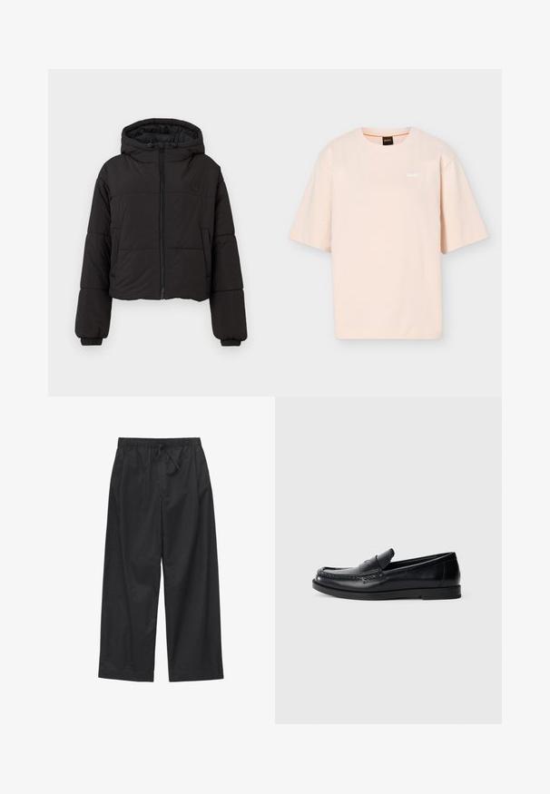 Veste matelassée noire courte avec capuche, présentant une fermeture éclair avant complète, des poignets élastiques et un logo discret sur la poitrine.; T-shirt beige clair à manches courtes avec col rond, petit logo blanc "BOSS" sur le côté gauche de la poitrine et étiquette noire au col avec détail orange.; Pantalon noir à jambes larges avec taille élastique et cordon réglable, en tissu léger.; Mocassins en cuir noir avec un design d'accent cousu, bout rond, semelle plate en caoutchouc et finition lisse. Silhouette classique et polyvalente.
