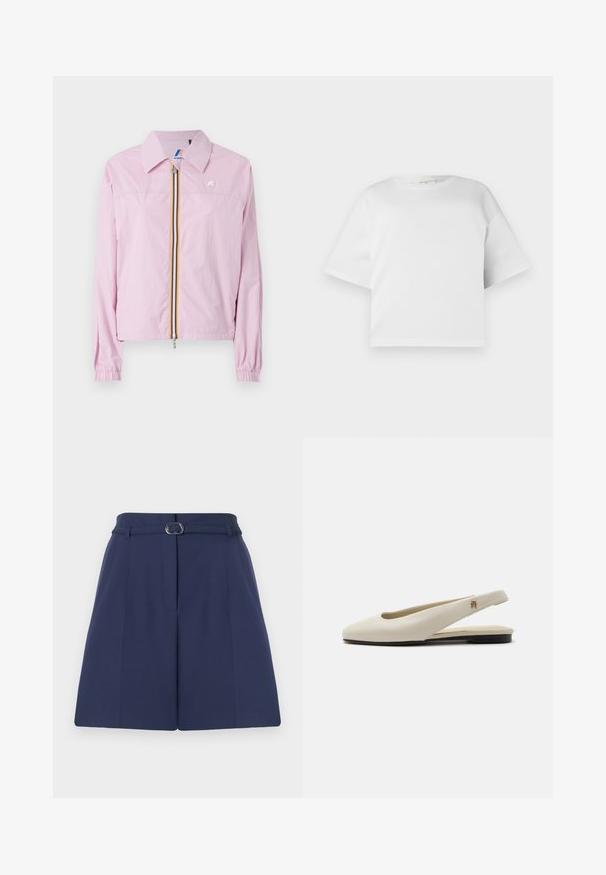 Veste légère rose avec col, fermeture éclair sur le devant, ornée de rayures jaunes et bleues, poignets élastiques et un petit logo sur la poitrine.; T-shirt blanc court en coton lisse, avec un col rond et des manches courtes et larges. Design simple et épuré sans motifs visibles.; Shorts ajustés bleu marine avec une ceinture, dotés d'une passante de ceinture, de détails plissés et d'une texture de tissu lisse. Coupe droite standard.; Chaussure plate slingback en cuir couleur crème avec un bout arrondi et un petit emblème doré sur la bride.