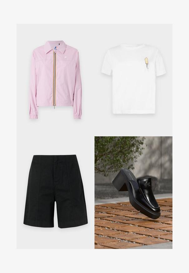 Veste légère rose avec col, fermeture éclair sur le devant, ornée de rayures jaunes et bleues, poignets élastiques et un petit logo sur la poitrine.; T-shirt blanc en coton à manches courtes, présentant un graphique minimaliste de popsicle jaune brodé sur la partie gauche de la poitrine.; Shorts noirs ajustés en tissu léger, dotés d'un design structuré avec des rayures verticales et un ourlet droit. Aucune poche visible.; Mule slip-on en cuir noir Calvin Klein avec talon bloc reposant sur des carreaux en bois à l'extérieur près d'une plante verte et d'un mur gris.