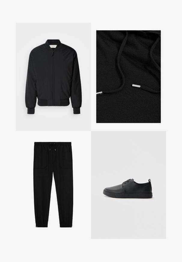 Chaqueta bomber negra hecha de tejido suave, con cremallera frontal, puños acanalados y un cuello clásico. Diseño minimalista sin patrones.; Sudadera negra hecha de tela suave. Presenta cordones con puntas metálicas y una superficie texturada. Diseño minimalista sin patrones.; Pantalones jogger negros con cintura elástica, cordón ajustable, bolsillos frontales de parche y puños elásticos sobre un fondo blanco.; Zapatilla negra de cuero con acabado suave, punta redondeada, costuras a tono, cordones en la parte delantera y suela de goma plana. Asa en el talón.